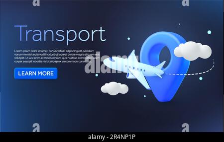 3d flying airplane with map marker, clouds, isolated on background. Banner design concept with text and Call to action for travelling, transportation, booking, tour businesses. 3d vector illustration. Vector illustration Stock Vector