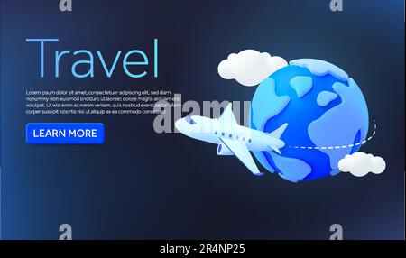 3d flying airplane with map marker, clouds, isolated on background. Banner design concept with text and Call to action for travelling, transportation, booking, tour businesses. 3d vector illustration. Vector illustration Stock Vector