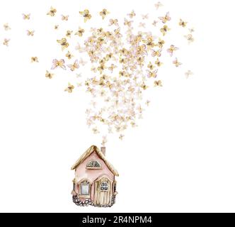 Delicate yellow butterflies fly out of the old county house. Horizontal board, watercolor illustration. For the design and decoration of postcards, po Stock Photo