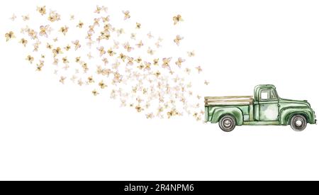 Delicate yellow butterflies fly out of the old rusty truck. Horizontal board, watercolor illustration. For the design and decoration of postcards, pos Stock Photo