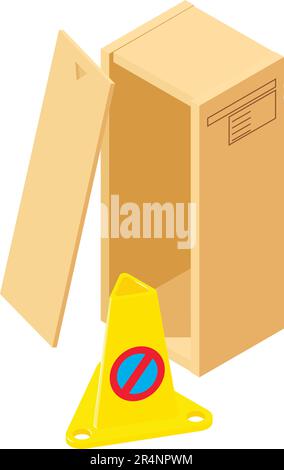 Caution sign icon isometric vector. Yellow traffic cone near open postal package. Road repair sign, equipment Stock Vector