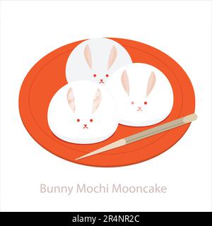 Bunny Mochi Mooncakes on plate with chopstick. Mochi pastry japanese food for Mid-Autumn Festival. Vector illustration isolated on white Stock Vector