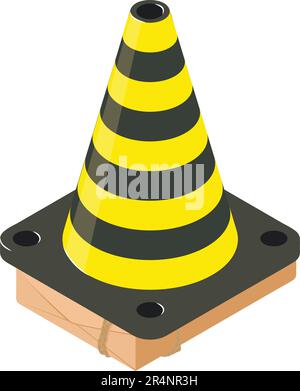 Traffic cone icon isometric vector. Black yellow striped cone on postal parcel. Road repair sign, equipment Stock Vector