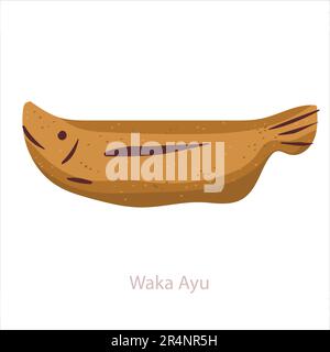 Waka Ayu or Young Sweetfish. Japanese confectionery with rice cake wrapped in oval and formed like fish. Vector cartoon illustration isolated on white Stock Vector
