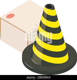 Safety equipment icon isometric vector. Striped cone near closed postal parcel. Road repair sign, equipment Stock Vector