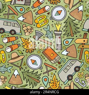 Cartoon hand-drawn doodles on the subject of camping theme seamless pattern. Colorful detailed, with lots of objects vector background Stock Vector