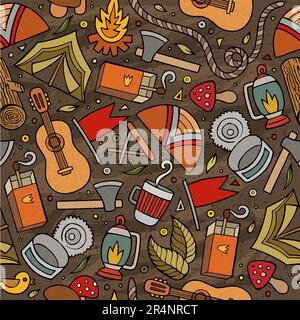 Cartoon hand-drawn doodles on the subject of camping theme seamless pattern. Colorful detailed, with lots of objects vector background Stock Vector