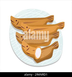 Waka Ayu sweet pastry on plate. Japanese confectionery with rice cake wrapped in oval and formed like fish. Japan traditional sweet snack. Vector cart Stock Vector