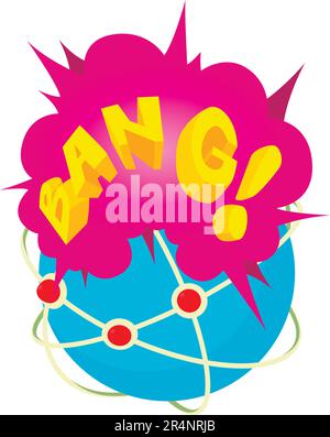 Bang icon isometric vector. Planet grid with red pin and bang speech bubble icon. Comic speech bubble Stock Vector