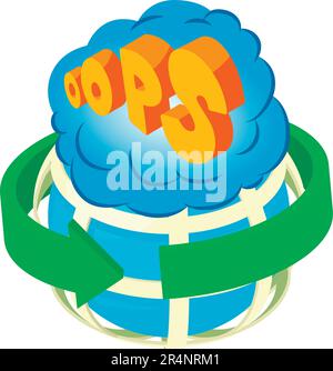 Oops icon isometric vector. Planet grid with green arrow and oops speech bubble. Comic speech bubble Stock Vector