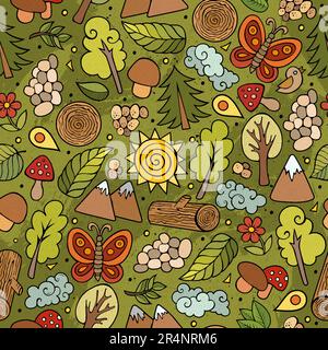 Cartoon hand-drawn doodles on the subject of camping theme seamless pattern. Colorful detailed, with lots of objects vector background Stock Vector