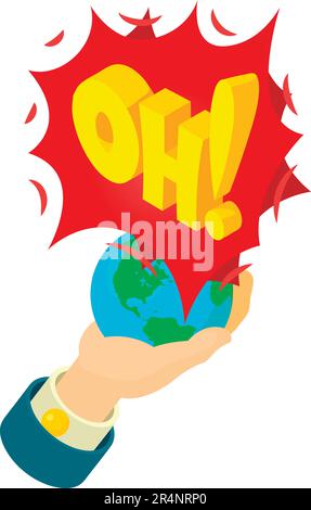 Oh icon isometric vector. Planet earth in human hand and oh speech bubble icon. Comic speech bubble Stock Vector