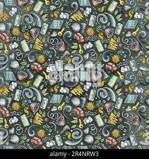 Cartoon cute doodles Electric vehicle seamless pattern. Colorful detailed, with lots of objects background. Backdrop with eco cars symbols and items Stock Vector