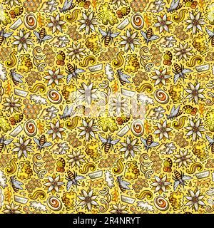 Cartoon cute Honey seamless pattern. Colorful detailed, with lots of objects background. Endless funny vector illustration Stock Vector