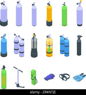 Diving cylinders icons set isometric vector. Bottle gas. Water oxygen Stock Vector