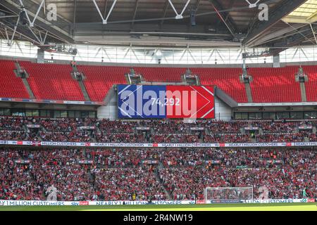 London, UK. 29th May, 2023. Attendance 74,292 during the Sky Bet League 1 Play-off Final match Barnsley vs Sheffield Wednesday at Wembley Stadium, London, United Kingdom, 29th May 2023 (Photo by Gareth Evans/News Images) in London, United Kingdom on 5/29/2023. (Photo by Gareth Evans/News Images/Sipa USA) Credit: Sipa USA/Alamy Live News Stock Photo