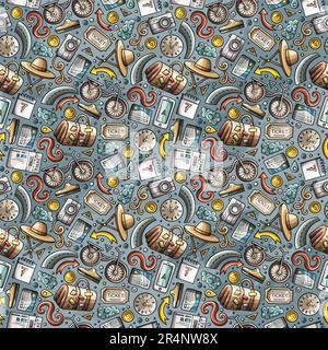 Cartoon cute traveling seamless pattern. Colorful detailed, with lots of objects background. Endless funny vector illustration. Bright colors travel p Stock Vector