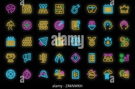 Life coach icons set outline vector. Problem solving. Life activity neon color on black Stock Vector