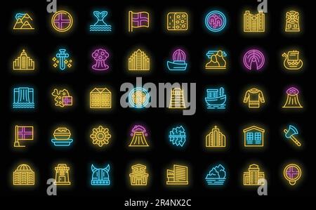 Iceland icons set outline vector. North island. Polar tourist neon color on black Stock Vector