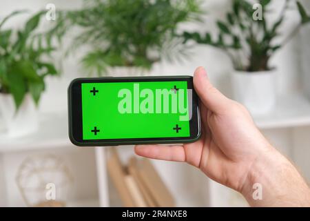 A man holds a phone with a green screen in his hands against a background of green house plants. Mockup. Chromakey. Stock Photo