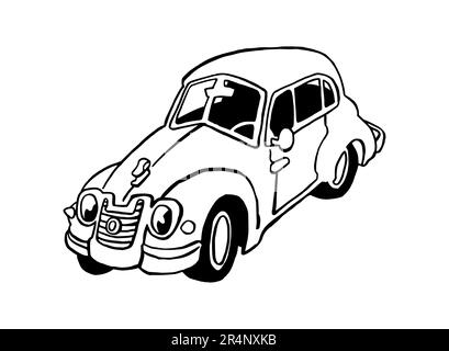 Hand drawn Illustration of a Retro Car, German, Full sized, isolated on a white background, with black line art Stock Photo