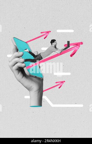 Picture template illustration collage phone app download messenger send email use netbook miniature worker man isolated on grey background Stock Photo