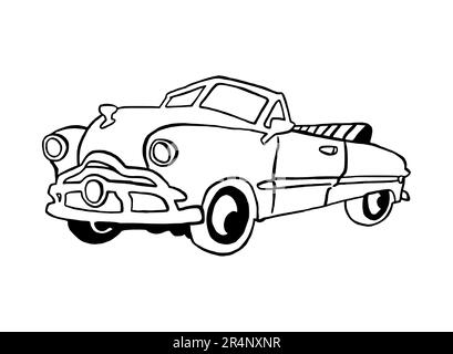 Hand drawn Illustration of a Retro Convertible Car, American, Full sized, isolated on a white background, with black line art Stock Photo