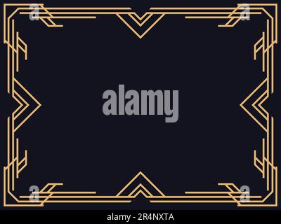 Art deco frame. Line art frame in gold color on a black background. Vintage linear border. Create a template for invitations, flyers and greeting card Stock Vector