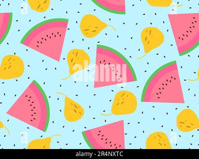 Seamless pattern with watermelon and pears on a background of scattered seeds. Slice of watermelon with seeds. Wallpaper design, paper printing, promo Stock Vector