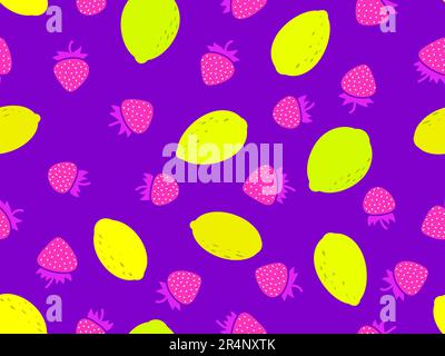 Strawberries with lemons seamless pattern. Lemons and strawberries on a purple background. Summer fruit mix in a minimalist style. Wrapper design, pri Stock Vector