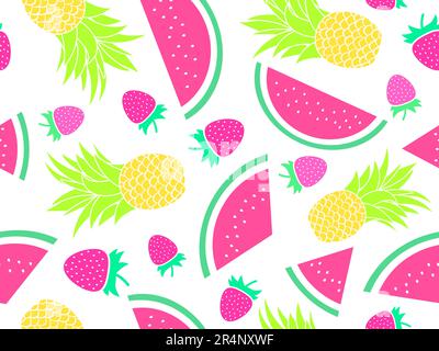 Fruity seamless pattern with watermelons, pineapples and strawberries on a white background. Summer fruit mix. Design for wrappers, prints on paper, b Stock Vector