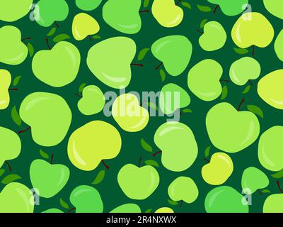 Seamless pattern with green apples on a dark green background. Green apple with one leaf. Design for printing on fabric, banners and promotional produ Stock Vector