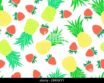 Fruity seamless pattern with pineapples and strawberries on a white background. Summer fruit mix in minimalist style. Design for wrappers, prints on p Stock Vector