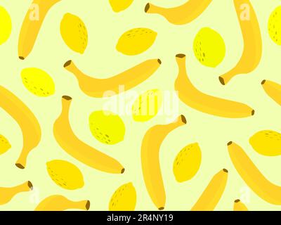 Summer fruity seamless pattern with lemons and bananas in a minimalist style on a yellow background. Design for wrappers, prints on paper, banners and Stock Vector