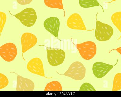 Seamless pattern with colorful pears on a yellow background. Fruit pear in a minimalist style. Design for printing on fabric, banners and promotional Stock Vector
