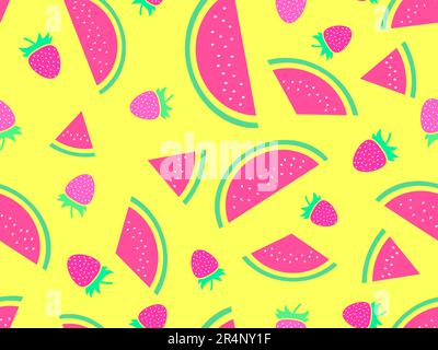 Seamless pattern with watermelon and strawberries in a minimalist style. Slices of watermelon with seeds. Summer background. Wallpaper design, paper p Stock Vector