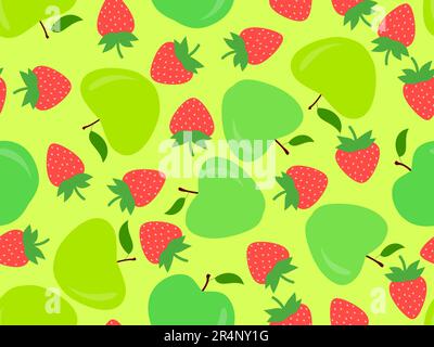 Seamless pattern with apples and strawberries. Summer fruit pattern with green apples and red strawberries. Design for printing on fabric, paper and b Stock Vector