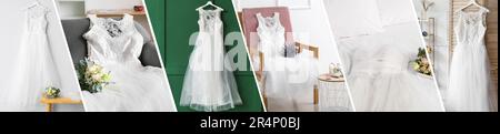 Collage of beautiful wedding dresses with bouquets and accessories at home Stock Photo
