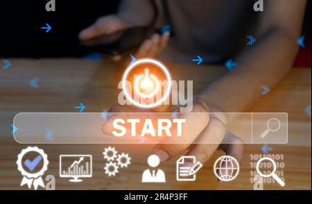 concept. Man pressing start button to start over in life, business, education or career Stock Photo