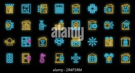 Smart home installation icons set outline vector. Internet system. Home touch neon color on black Stock Vector