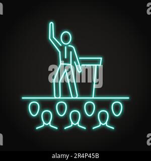 Man with a speech neon icon in line style. Political performance, public statement. Vector illustration. Stock Vector