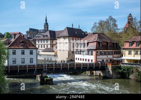 View of historic old town and Regnitz river in Bamberg, Germany. Stock Photo