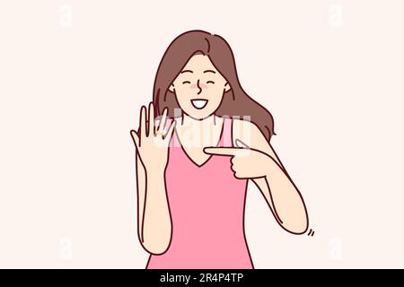 Happy bride with wedding ring shows off gift from groom and rejoices at proposal to get married. Woman with smile demonstrates wedding ring on finger for concept of successful marriage Stock Vector