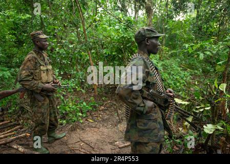 Two soldiers of the Ugandan Army (UPDF), the one on the left armed with an AK47 assault rifle, the one on the right with a PKM belt-fed light machine gun.  They are standing in a rainforest hideout camp once occupied by members of the Lords Resistance Army, in Central African Republic Stock Photo