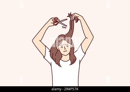 Woman cuts own hair because of dissatisfaction with hairstyle and split ends that appeared due to bad shampoo. Unhappy casual girl needs professional hairdresser or better shampoo. Stock Vector