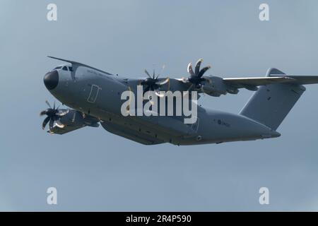 Royal Airforce Airbus A400M Atlas, heavy lift transport aircraft, tail number ZM420, in flight. Stock Photo