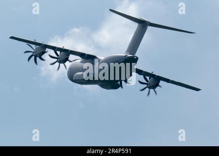 Royal Air Force (UK military) Airbus Military Atlas C1 (A400M) tactical airlifted flying on exercise.  The rear door is open in preparation for an airdrop.  The aircraft is operated from RAF Brize Norton in Oxfordshire, England Stock Photo