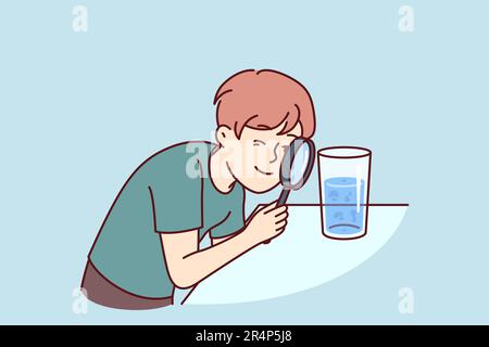 Small boy examines water in glass through magnifying glass, studying chemical composition liquid or looking for microbes. Teenage child curiously studies water, wanting to work in chemical laboratory Stock Vector