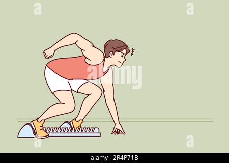 Man sprinter prepares for race standing in starting position in sports stadium. Sprinter athlete participates in running tournament competing with rivals in speed of overcoming distance Stock Vector