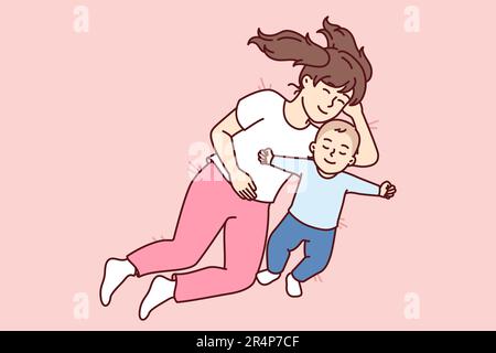 Little girl hugging newborn brother lying in bed and falling asleep together for happy childhood concept. Caring preteen sister near carelessly sleeping little toddler resting after day walk Stock Vector